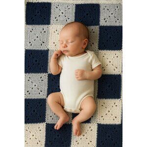 Cottagecore handmade crochet navy, blue and white square pattern baby blanket